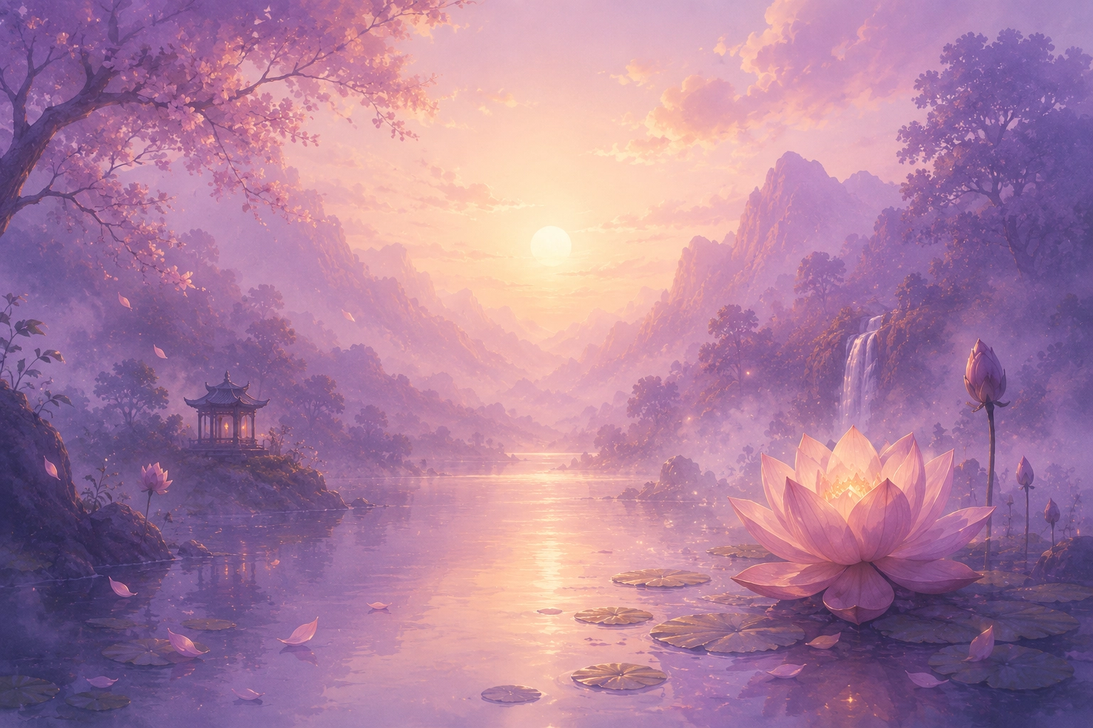 A lotus resting in a serene sacred valley at soft light